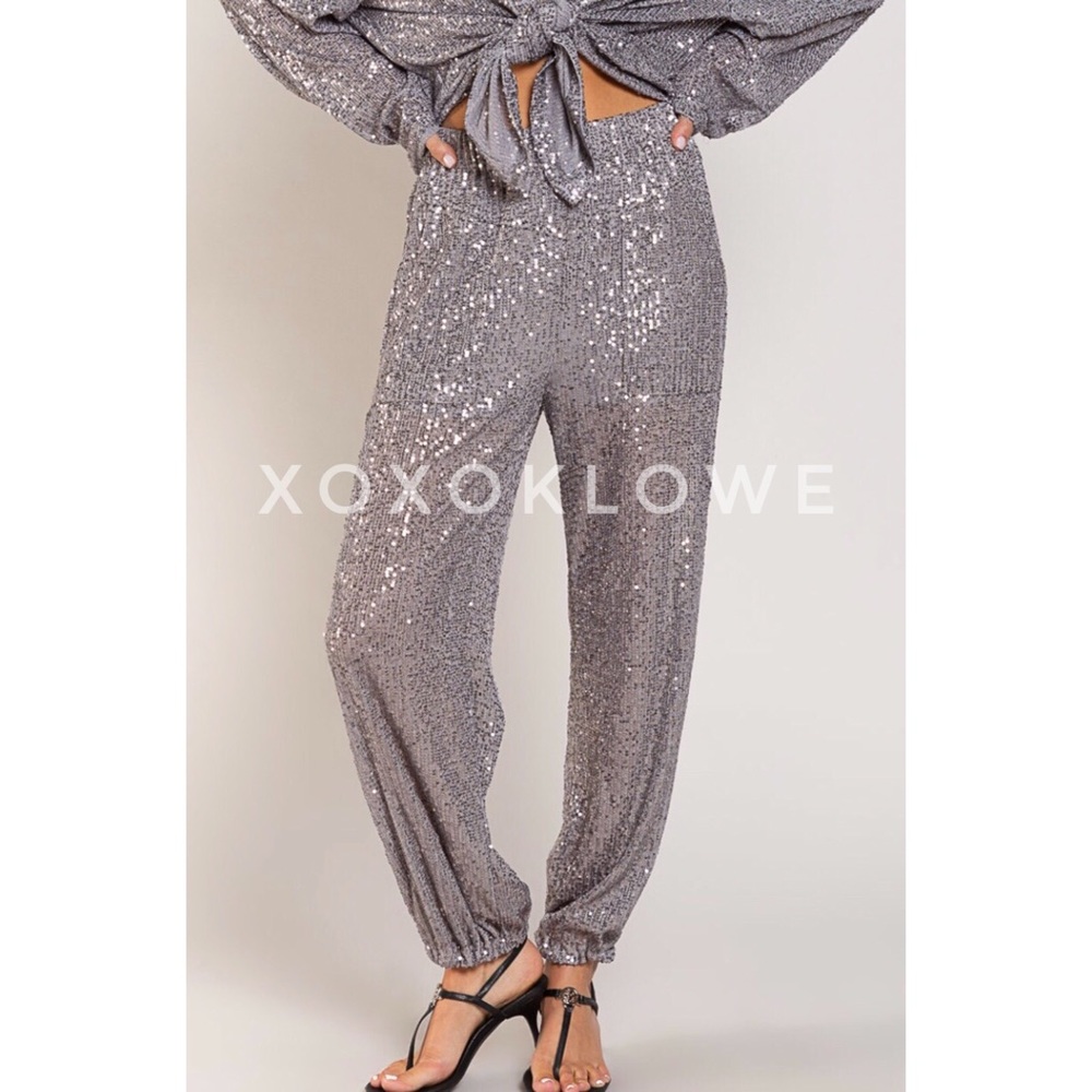 POL Sequin Pants Pull On Harem Style Relaxed Fit